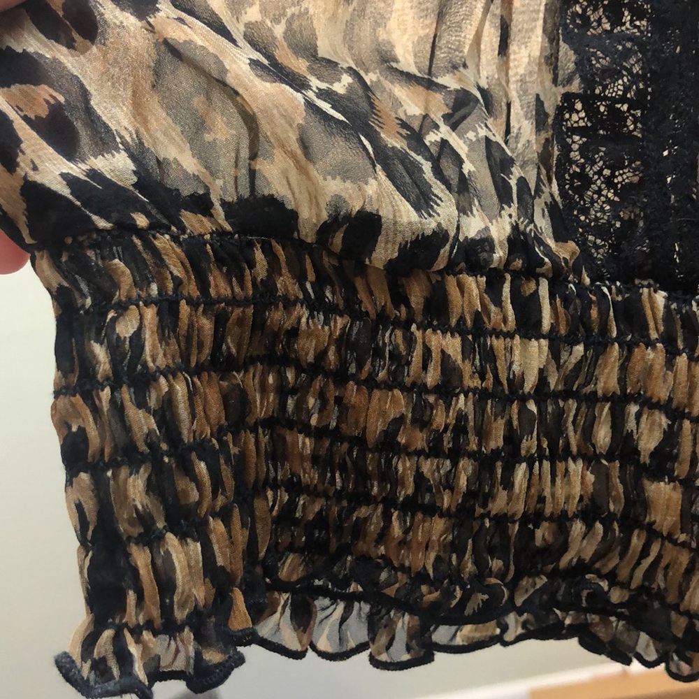 100% SILK Leopard print blouse Medium scrunch bottom lace trim by Allen … - Picture 3 of 6
